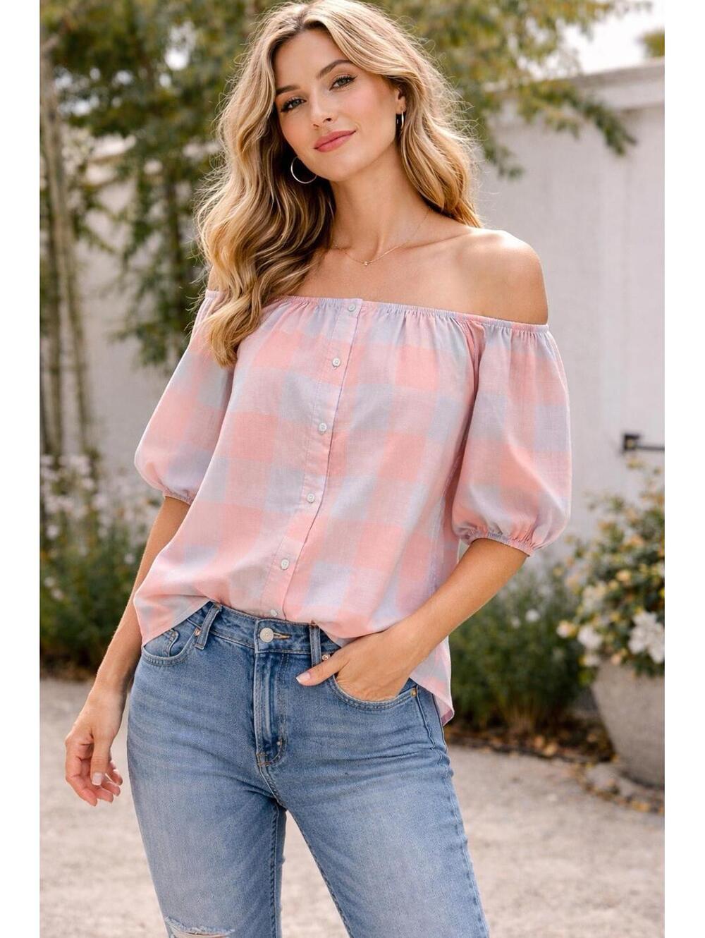 Off Shoulder Blouse M Pink Blue Plaid Button Front Balloon Sleeve Top NWOT A15